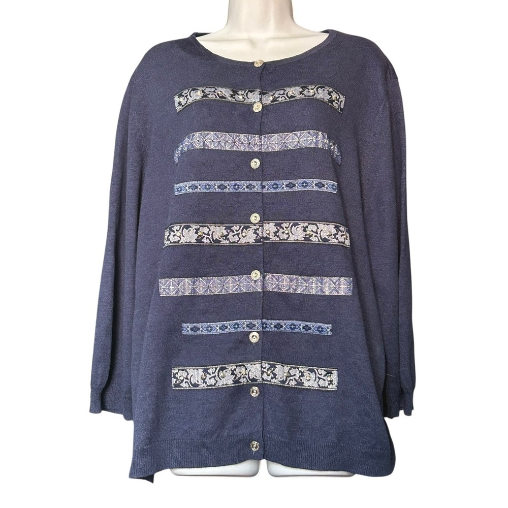 Alfred Dunner Vintage 90s Bohemian Ribbon Button Up Cardigan Womens Size 2X Navy